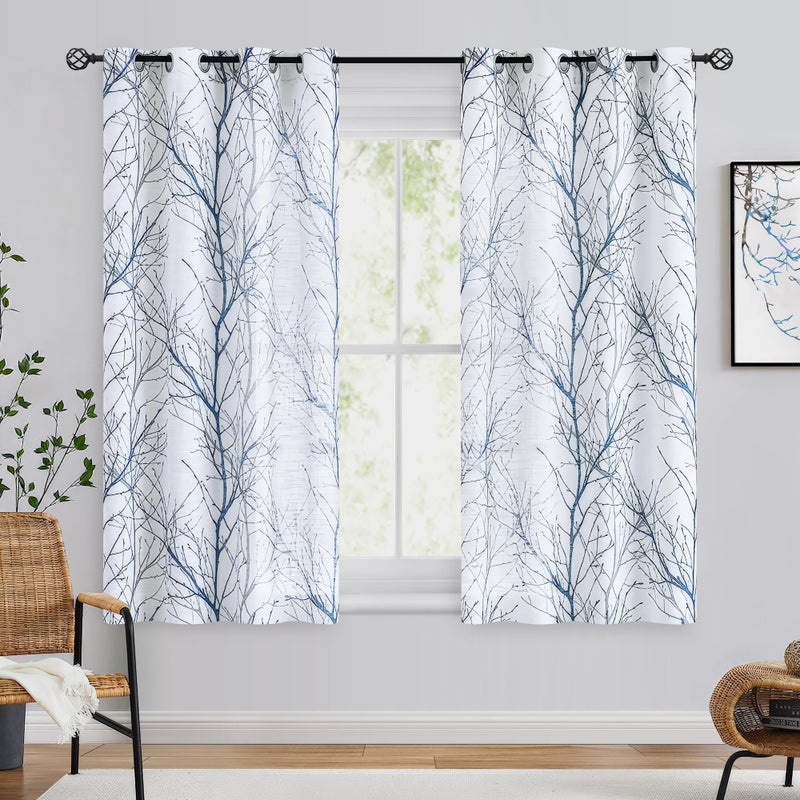 FMFUNCTEX Linen Semi Sheer Curtains for Bedroom, Blue White Curtains 54 Inches Long for Living Room, Grey Tree Branch Patterned Curtain Light Filtering Kitchen Window Drapes, Grommet Top 2 Panels - Image 2